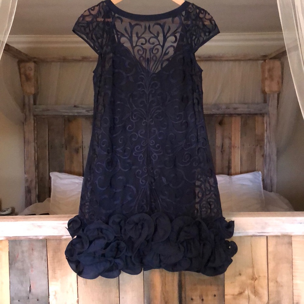 Navy Blue Ruffled Bottom Lace Mini Dress